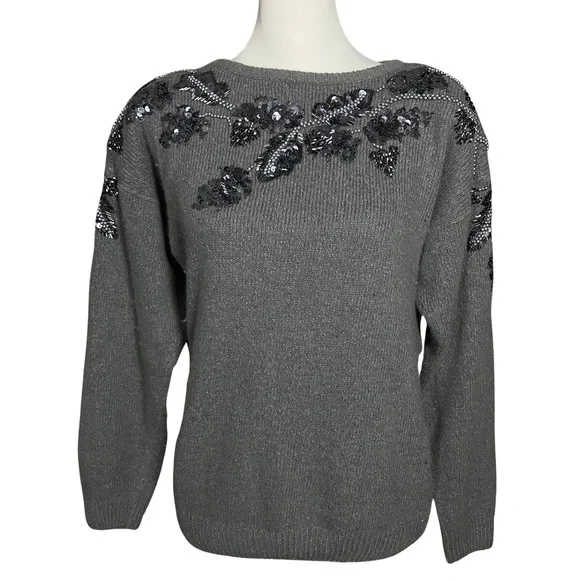 Vintage 80s 90s Sequins Beaded Grey Sweater. S/M. Silk Blend Retro Embellished - Picture 2 of 8